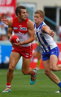 Kieran Harper attempts to tackle Josh Kennedy at Blundstone Arena as the Swans grabbed a comfortable win - ${keywords}